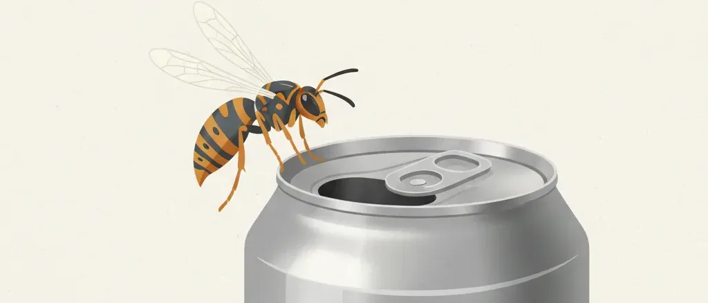 A stylized wasp beside an open drinking can, flat vector editorial illustration.