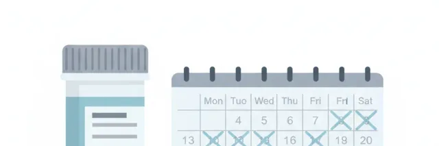 A prescription pill bottle beside a calendar showing weeks elapsing, flat vector illustration in muted blue and grey tones.