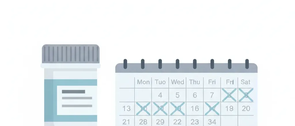 A prescription pill bottle beside a calendar showing weeks elapsing, flat vector illustration in muted blue and grey tones.