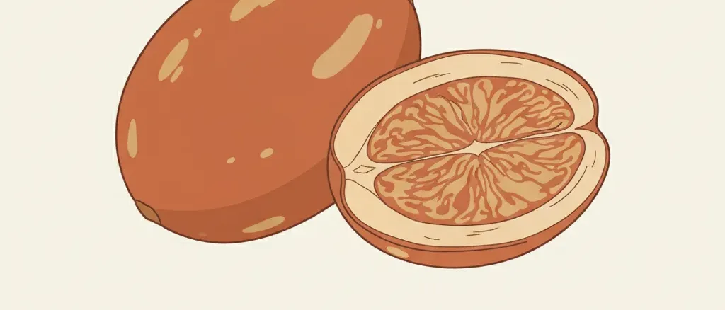 Flat vector illustration of split areca nuts on a plain background, muted rust and cream tones, no gore.