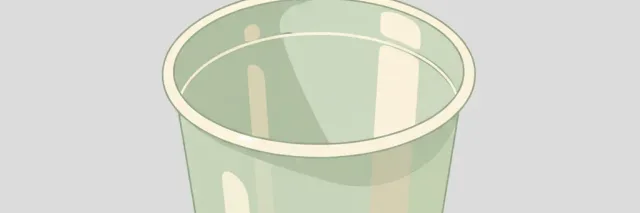 A single translucent compostable cup on a pale surface, flat vector illustration in muted tones.