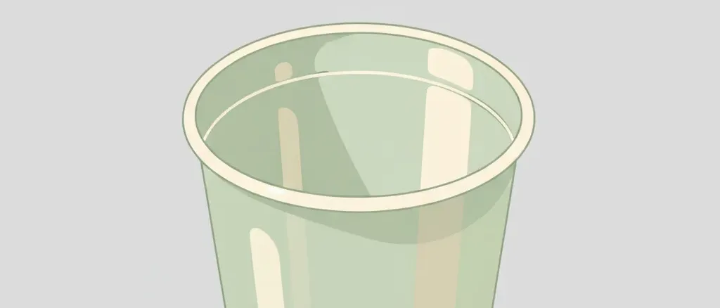 A single translucent compostable cup on a pale surface, flat vector illustration in muted tones.