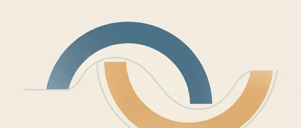 Two overlapping abstract waveforms on a muted warm background, one rising and one falling, flat vector illustration.
