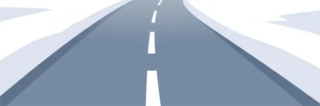 A stylized snow-covered landscape with a lone road disappearing into whiteout conditions, flat vector illustration in muted blue and white tones.