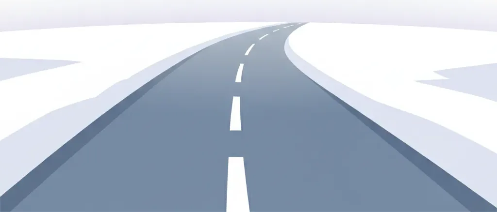 A stylized snow-covered landscape with a lone road disappearing into whiteout conditions, flat vector illustration in muted blue and white tones.