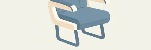 A single stylized airplane seat in muted blue-grey tones against a pale background, flat vector illustration.
