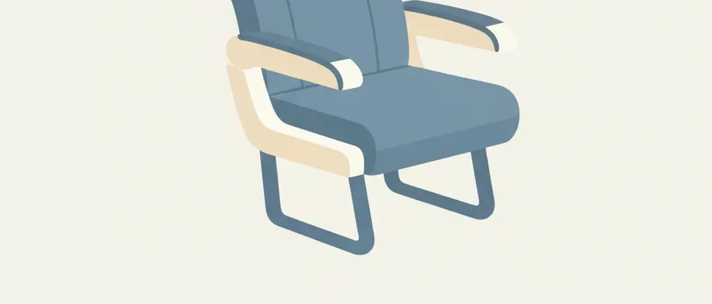 A single stylized airplane seat in muted blue-grey tones against a pale background, flat vector illustration.