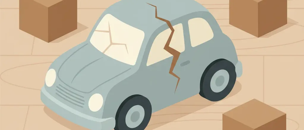 A cracked plastic toy car with a jagged break line, lying on a wooden floor beside intact toy blocks, flat vector illustration in muted tones.