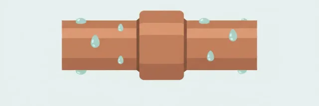 A cross-section of a residential pipe joint with water droplets, flat vector illustration.