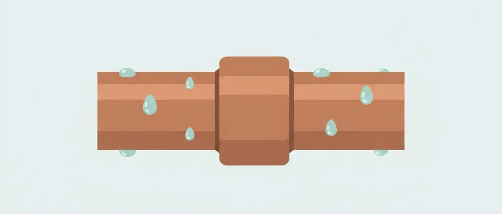 A cross-section of a residential pipe joint with water droplets, flat vector illustration.