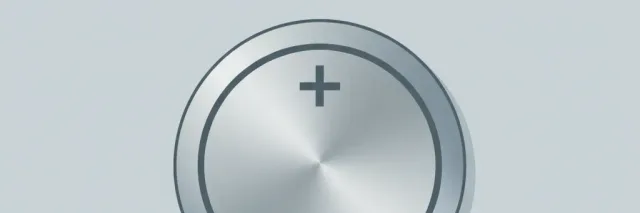 A single small round button-cell battery resting on a pale grey-blue surface, viewed from directly above, flat vector illustration.