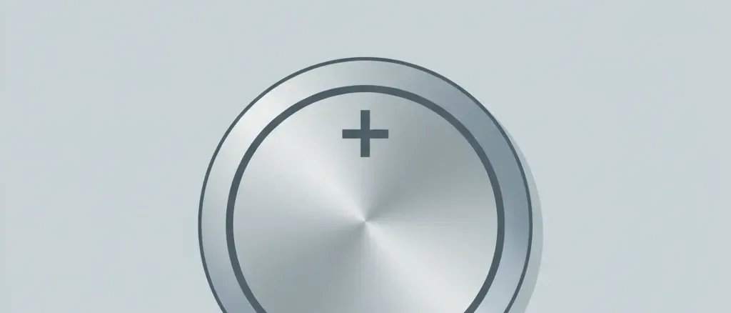 A single small round button-cell battery resting on a pale grey-blue surface, viewed from directly above, flat vector illustration.