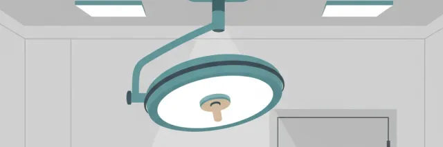 A simplified surgical light hovering above an empty operating table, rendered in muted teal and grey tones, flat vector illustration.