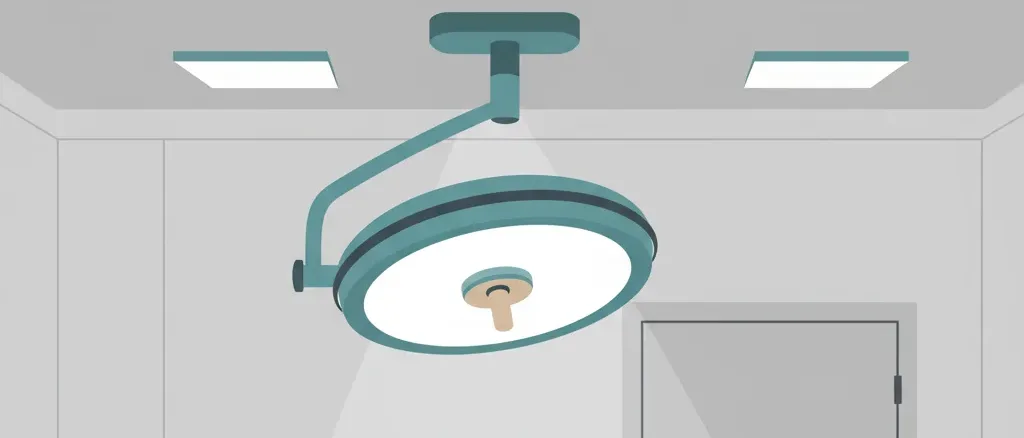 A simplified surgical light hovering above an empty operating table, rendered in muted teal and grey tones, flat vector illustration.