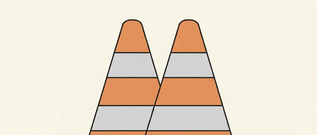 A single pair of overlapping muted traffic cones on a pale background, flat vector illustration, no vehicle, no wreckage.