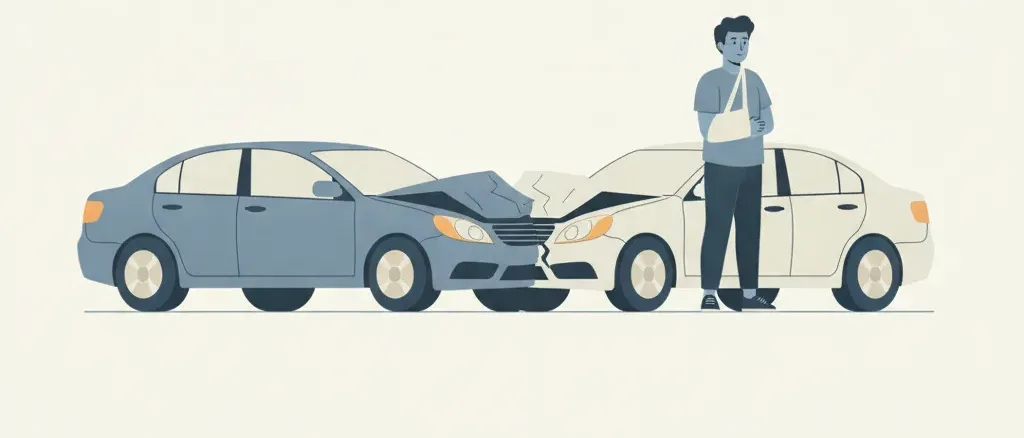 Two flat-vector cars in a minor front-corner collision, one driver figure holding a bandaged arm beside them, muted blue-grey palette.