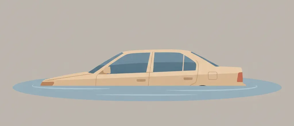 Side view of a car with a calm horizontal waterline across its lower doors, flat vector illustration in muted blue-grey tones.