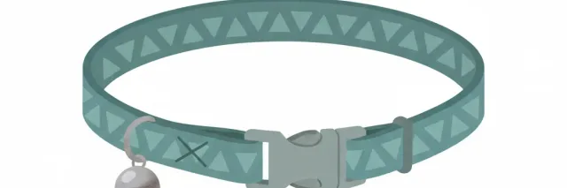 A simple cat collar with a breakaway buckle laid flat on a clean surface, flat vector illustration in muted tones.