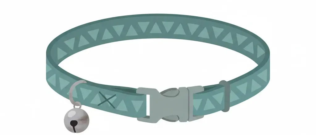 A simple cat collar with a breakaway buckle laid flat on a clean surface, flat vector illustration in muted tones.