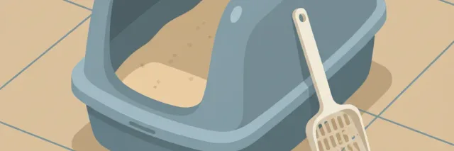 A litter box with a scoop next to it on a tiled floor, flat vector illustration in muted tones.
