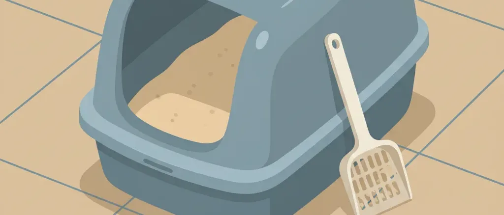A litter box with a scoop next to it on a tiled floor, flat vector illustration in muted tones.