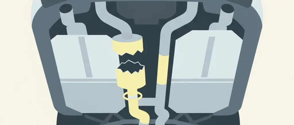 A simplified car undercarriage with a gap where the catalytic converter was, flat vector illustration in muted tones.