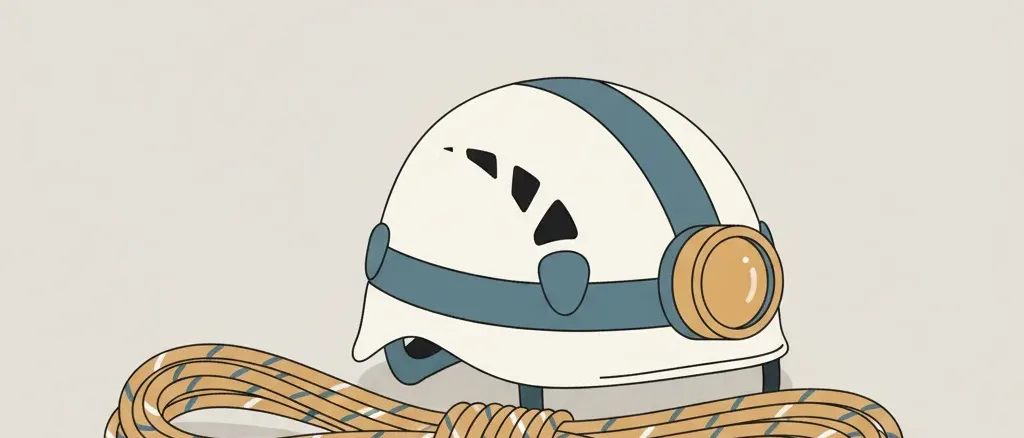 A single caving helmet with attached lamp resting on a pale neutral surface alongside a coiled length of static rope, flat vector illustration in muted earth tones.