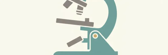 A single simplified microscope silhouette in muted teal and grey tones, flat vector illustration.