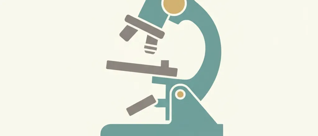 A single simplified microscope silhouette in muted teal and grey tones, flat vector illustration.