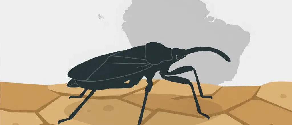 Flat vector illustration of a triatomine bug silhouette on a cracked earth background, muted ochre and slate tones.