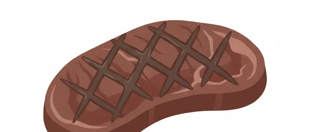 A single charred steak on a clean white surface, flat vector illustration in muted tones.