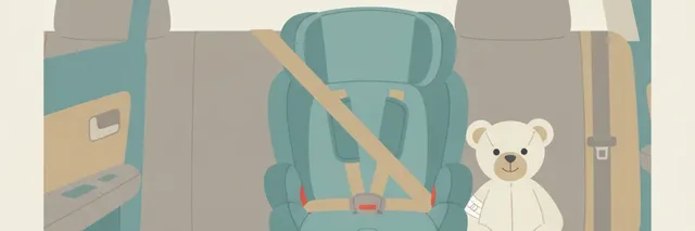 Flat-vector rear car seat with an empty child booster and a small bandaged teddy bear beside it, muted teal and grey palette.