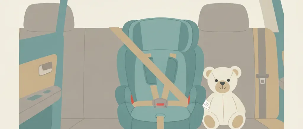 Flat-vector rear car seat with an empty child booster and a small bandaged teddy bear beside it, muted teal and grey palette.