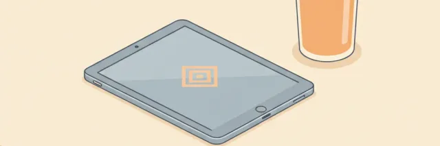A child's tablet lying face-down on a kitchen table beside a glass of orange juice, flat vector illustration in muted tones.