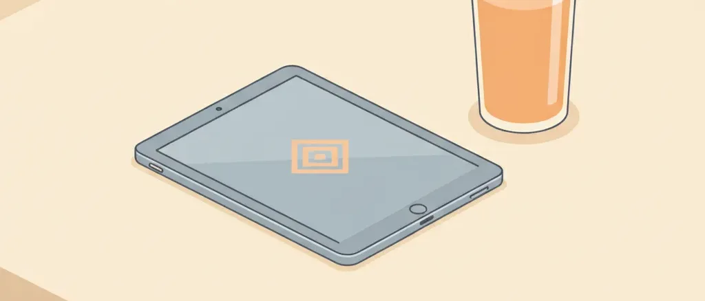 A child's tablet lying face-down on a kitchen table beside a glass of orange juice, flat vector illustration in muted tones.