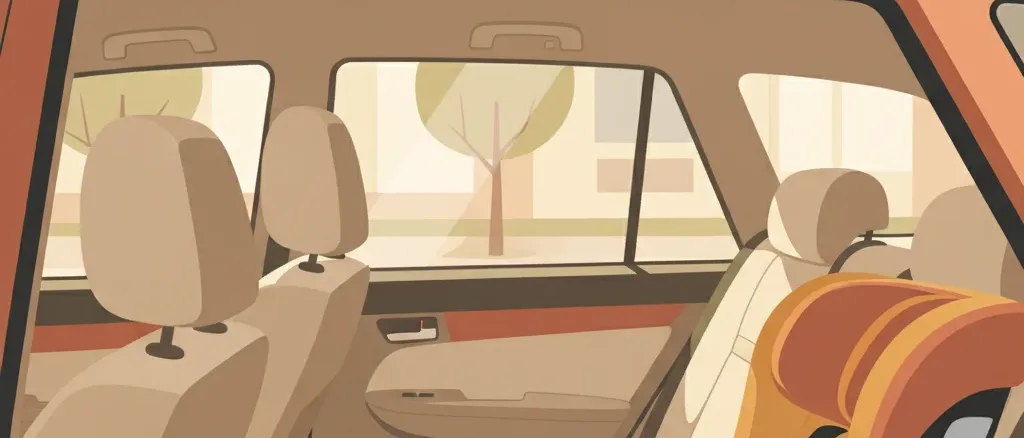 A rear car seat seen through a slightly open car window, sunlight streaming in, no child present, flat vector illustration.