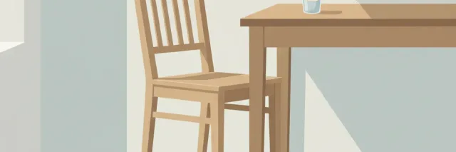 A single wooden chair next to an empty kitchen table at dusk, soft window light, flat vector illustration in muted tones.