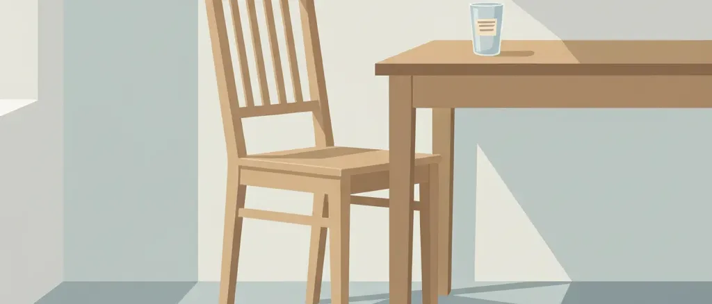 A single wooden chair next to an empty kitchen table at dusk, soft window light, flat vector illustration in muted tones.