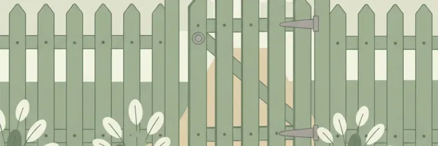 A garden gate slightly ajar viewed from inside a yard looking out toward a blurred residential path, flat vector illustration in muted tones.