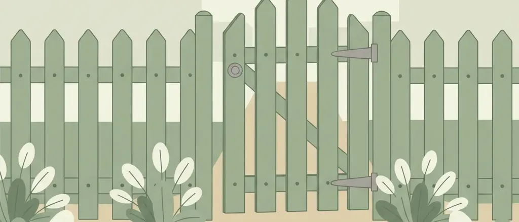 A garden gate slightly ajar viewed from inside a yard looking out toward a blurred residential path, flat vector illustration in muted tones.