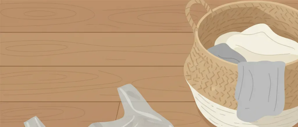 A thin translucent plastic bag lying flat on a wooden floor near a laundry basket, flat vector illustration in muted tones.