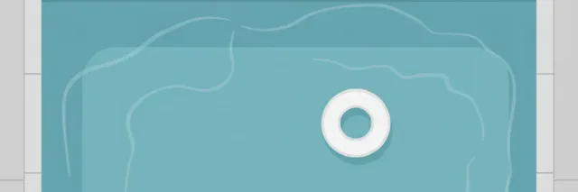 A quiet backyard swimming pool seen from above with a single inflatable ring floating on still turquoise water, flat vector illustration.