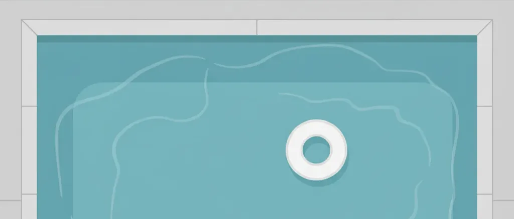 A quiet backyard swimming pool seen from above with a single inflatable ring floating on still turquoise water, flat vector illustration.