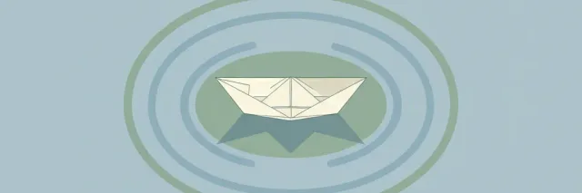 A small paper boat on still water with a fading ripple, flat vector editorial illustration, muted palette.