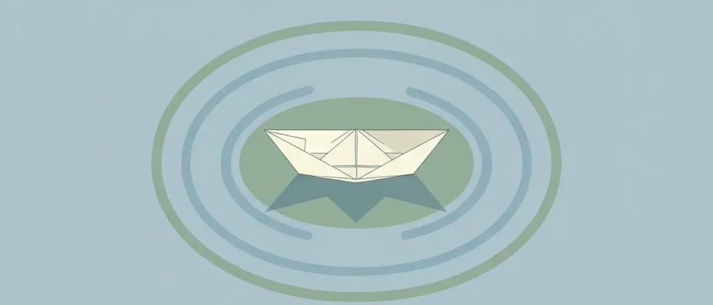 A small paper boat on still water with a fading ripple, flat vector editorial illustration, muted palette.
