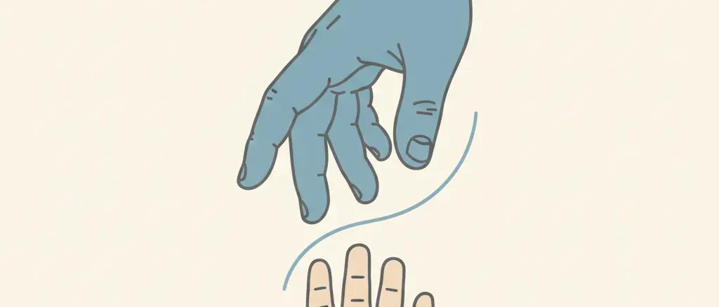 A small child's hand reaching up toward an adult hand against a pale background, flat vector illustration.