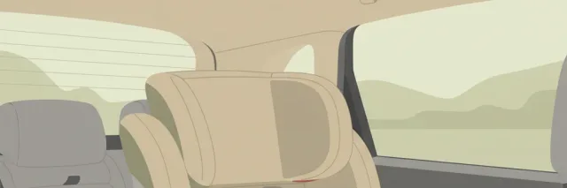 An empty child car seat secured by a harness in the back seat of a car, flat vector illustration, no people.