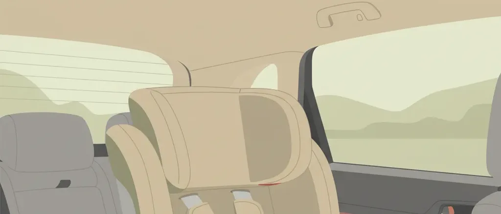 An empty child car seat secured by a harness in the back seat of a car, flat vector illustration, no people.