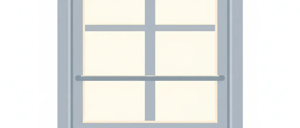 A single pale window frame with a horizontal guard bar across the lower sash, viewed straight on against a muted grey-blue background, flat vector illustration.