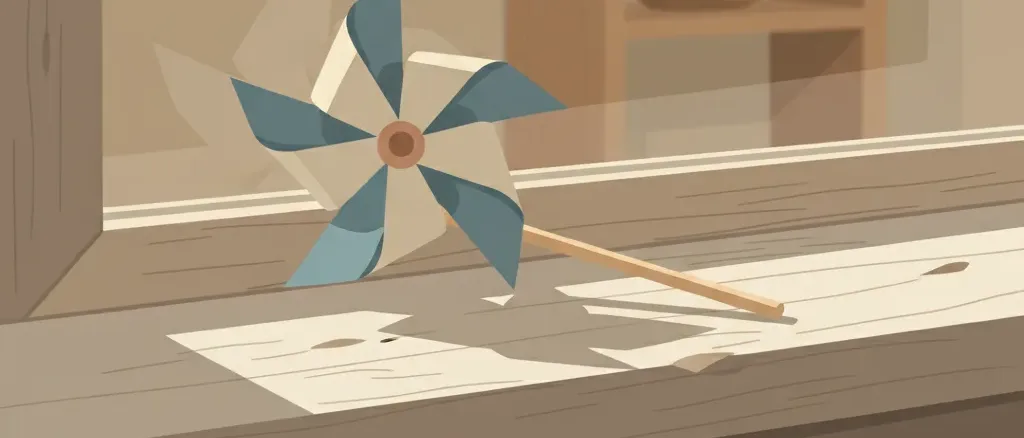 A simple paper pinwheel in muted blue and cream resting on a windowsill, soft afternoon light